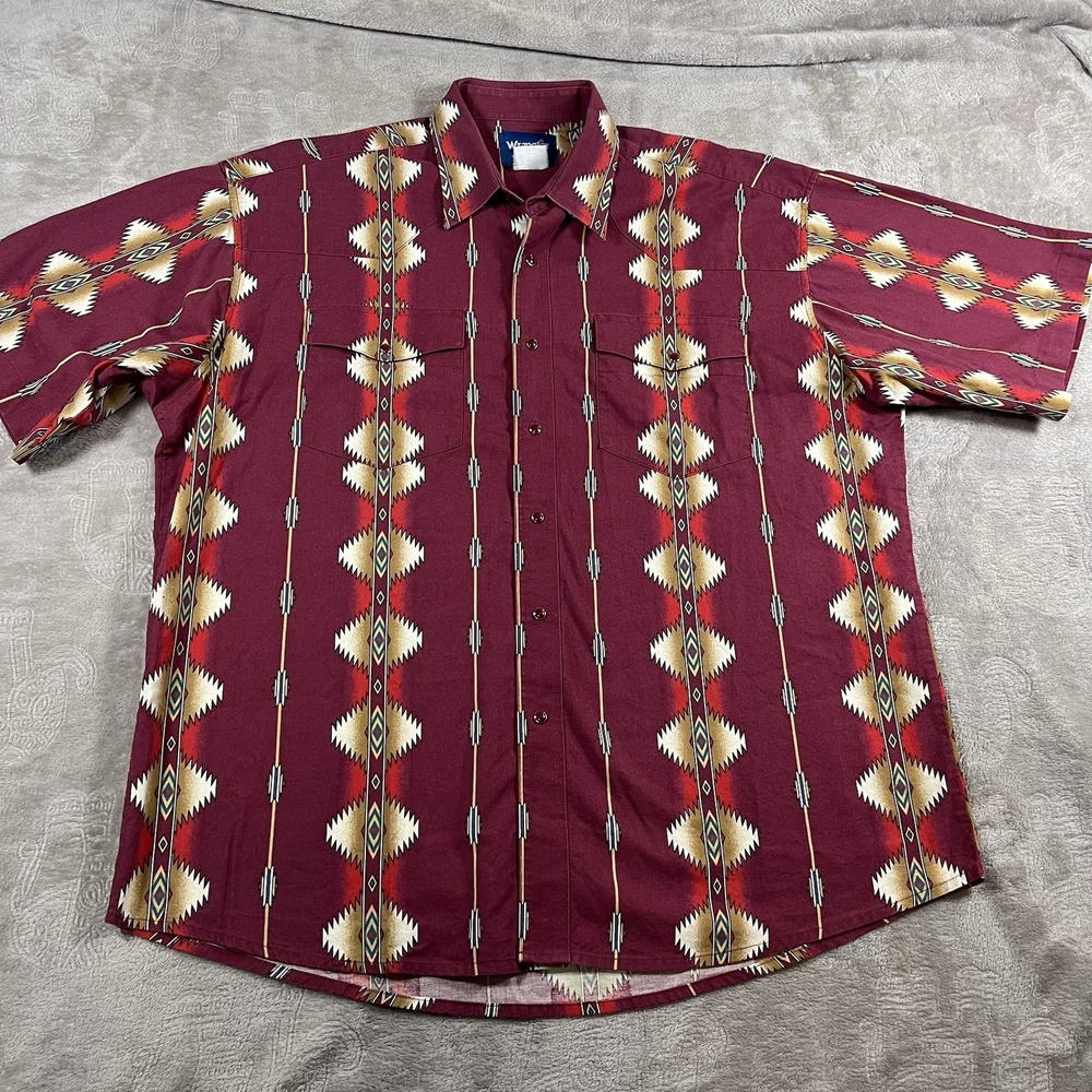 WRANGLER Western Tribal Aztec Pearl Snap Short‎ Sleeve Shirt Men XXL Vintage